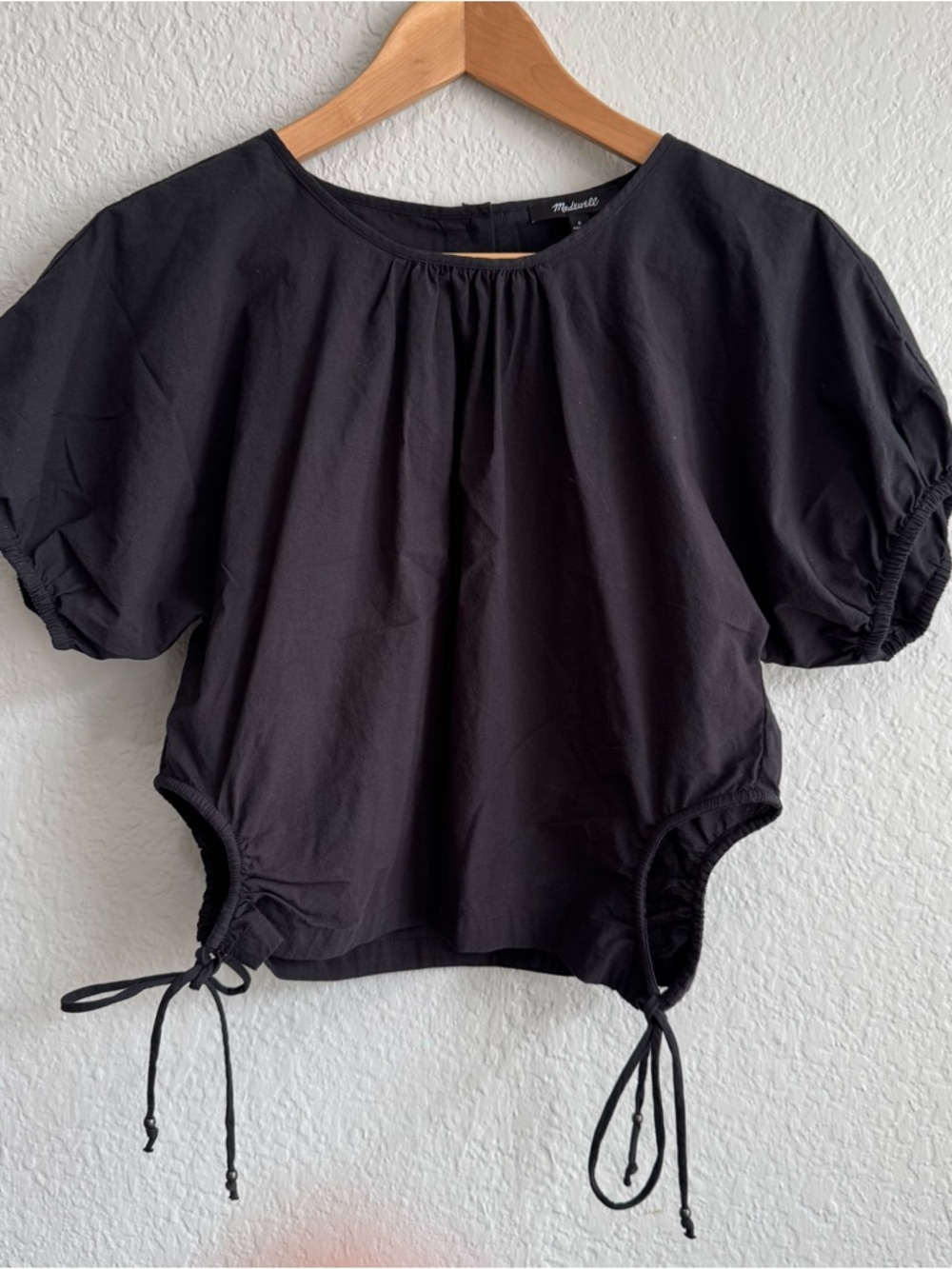 Madewell Black Poplin Puff Sleeve Cut Out Drawstring Crop Blouse